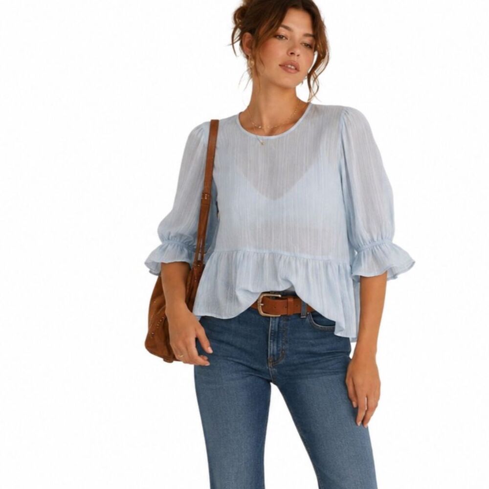 American Bling NWT S Blue Sheer Peplum Blouse Romantic Boho Fall Layering